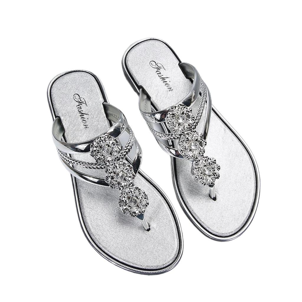 Silver flip-flops women's summer wear fashion soft bottom pinch feet beach slippers large size flip-flops