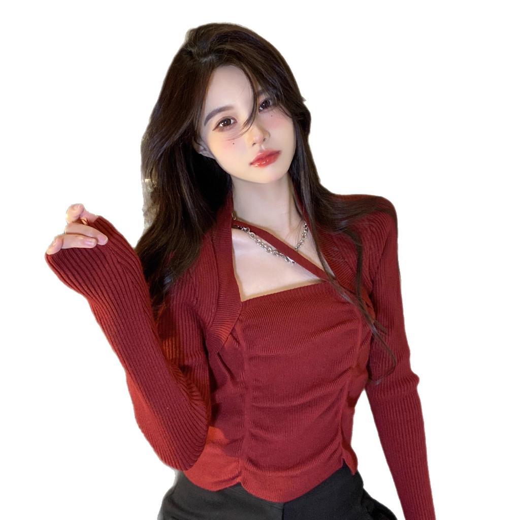 Pure desire sexy sweet spice girls female niche autumn chic high-end square neck knitted sweater