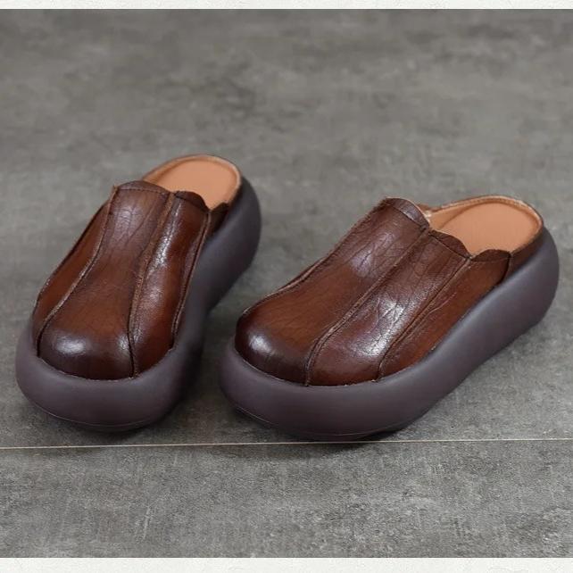 Johnature Vintage Genuine Leather Thick Soled Outdoor Slippers Round Toe Women's Slip-on Shoes