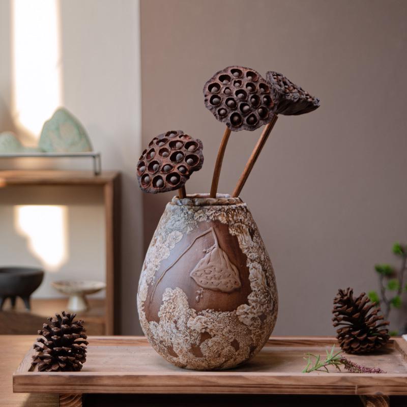 Vaso in Ceramica Wabi-Sabi a Forma di Capsula di Loto per Fiori Secchi - Decorazione Zen per Tavola da Pranzo