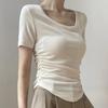 Women's Minimalist Slim T-Shirt Square Neck Side Ruched Short Sleeve Beige Top