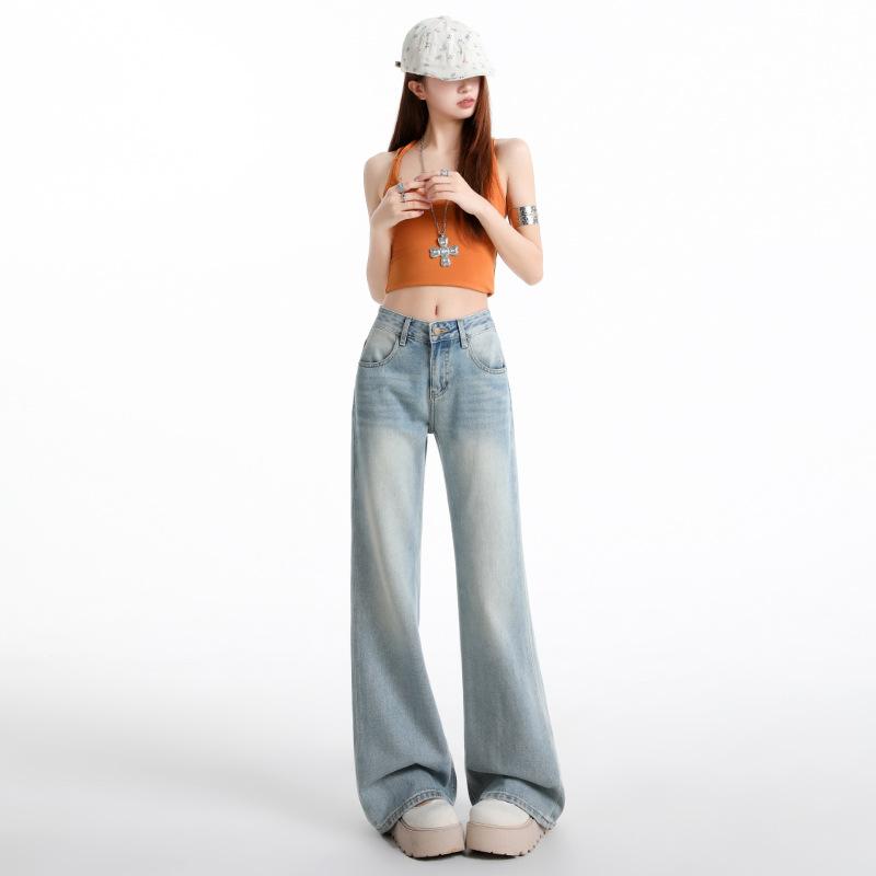Light blue Tencel slightly pulled jeans women's summer new medium and low waist without sticking to the legs and showing thin horn pants