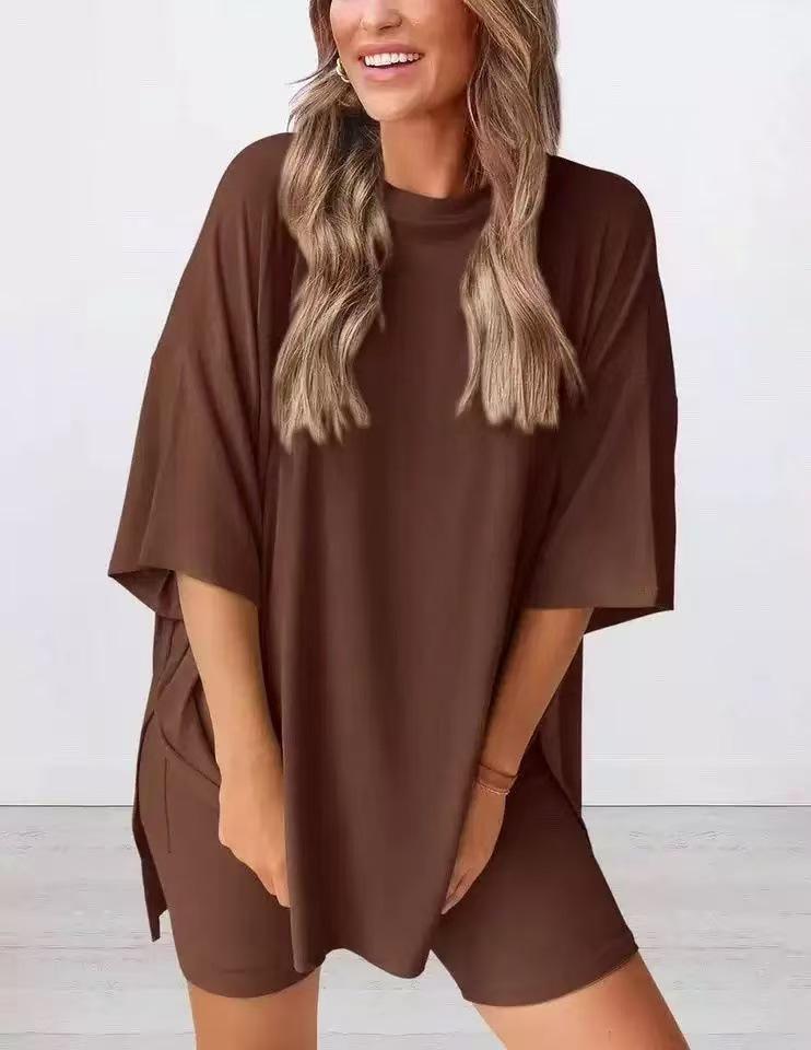 2025 Frühjahr/Sommer Europäisch Amerikanisch Locker Geschnitten Einfarbig Lässig Zweiteiliges Set: Kurzarm-T-Shirt & Shorts