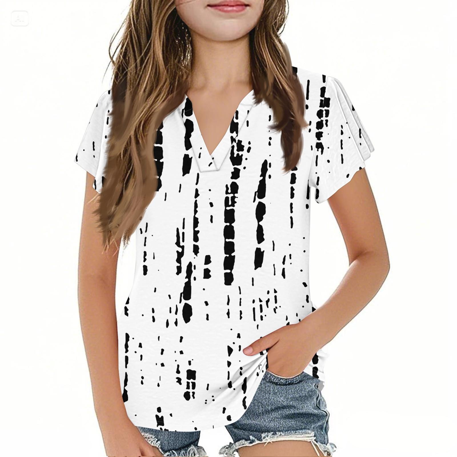 

Летний детский милый и повседневный модный топ с короткими рукавами и V-образным вырезом в полоску для девочек 160 белый