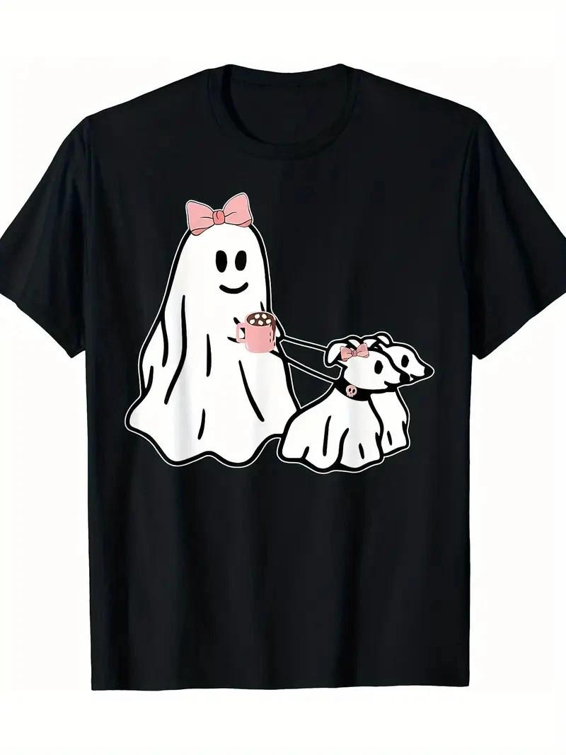 Funny Ghost Walking Dog Spooky Season Halloween Coquette T-Shirt S