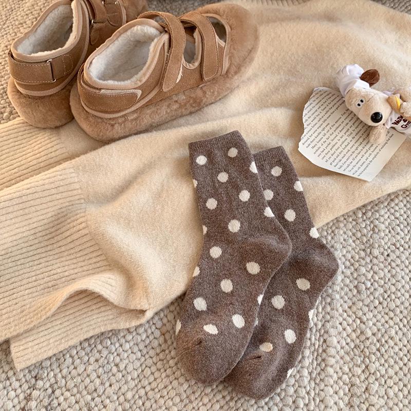 Women's Mid-Calf Polka Dot Brown Wool Socks - Warm, Thickened, Japanese Style for Fall/Winter