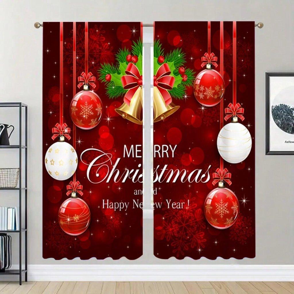 2pcs Red Christmas Digital Print Curtain, 100% Polyester Semi-shading Curtain For Bedroom, Living Room & Home Decor