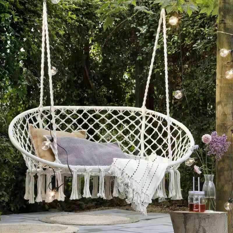 Nordic Indoor/Outdoor Double Hanging Chair Swing with Tassel Cradle - Cotton & Linen Hammock for Balcony, Homestay, or Internet Celebrity Use