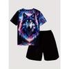 Boy's Wolf Head Animal Pattern Domineering Set, Fashionable Printed Casual Short Sleeved T-shirt, Outdoor Personalized Shorts Set