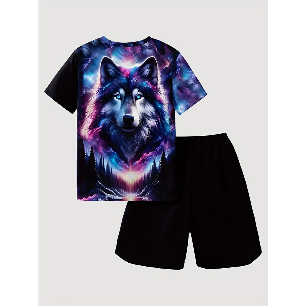 Boy's Wolf Head Animal Pattern Domineering Set, Fashionable Printed Casual Short Sleeved T-shirt, Outdoor Personalized Shorts Set