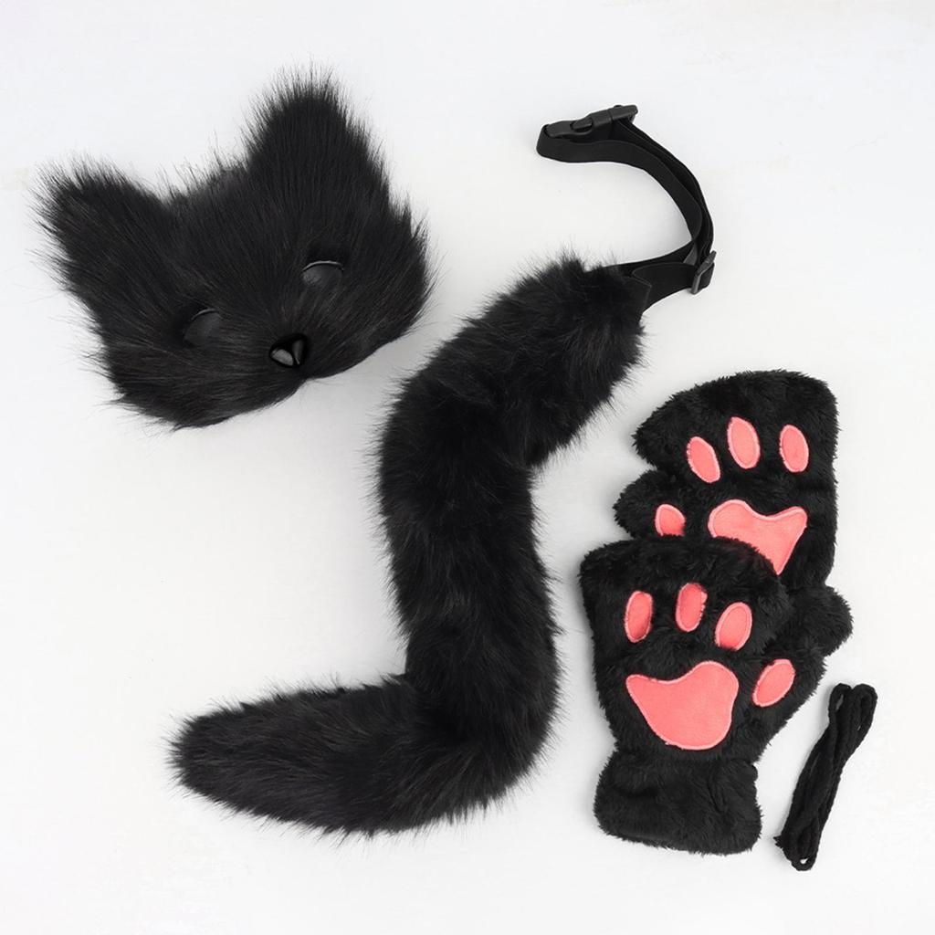 Mask and Tail Set Lovely for Women Girls Animal Tail Glove Set for Carnival Role Play Prom Stage Performance Halloween Party