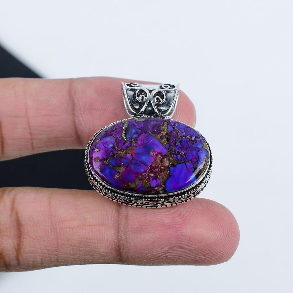 Purple Copper Turquoise Gemstone Silver Pendant in 925 Sterling Silver - Handmade Oval Design, Everyday Wear Jewelry Gift For Wife