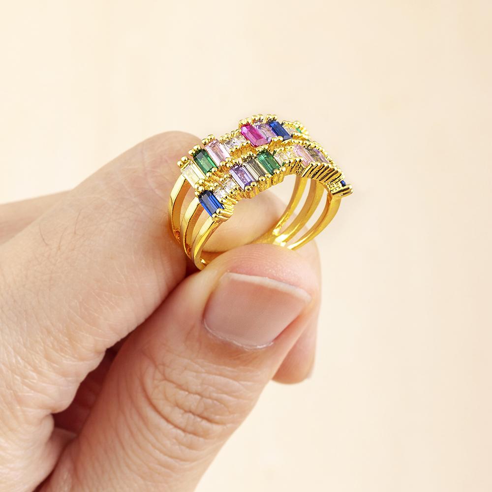 Nidin New Fashion Rainbow Geometric Exquisite Crystal AAA Zircon Ring Women Temperament Declaration Wedding Party Charm Jewelry