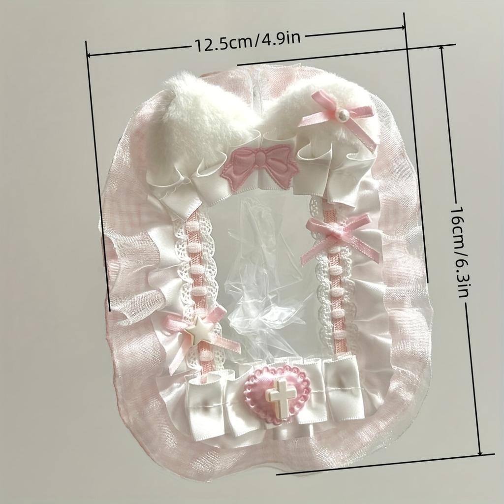 Charming Handmade Plush Rabbit Ears & Pink Lace Photo Card Holder - Canvas, Perfect for Daily Office Use