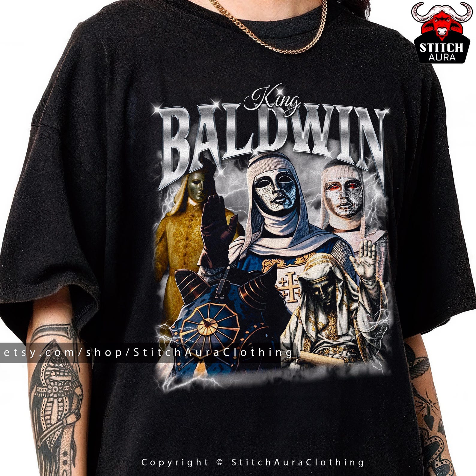 King Baldwin IV T-Shirt For Medieval Fans,Crusader Vintage Sword,Christian Warrior Tee For Him,Dark Knight Medieval Shirt Gift For Friend M