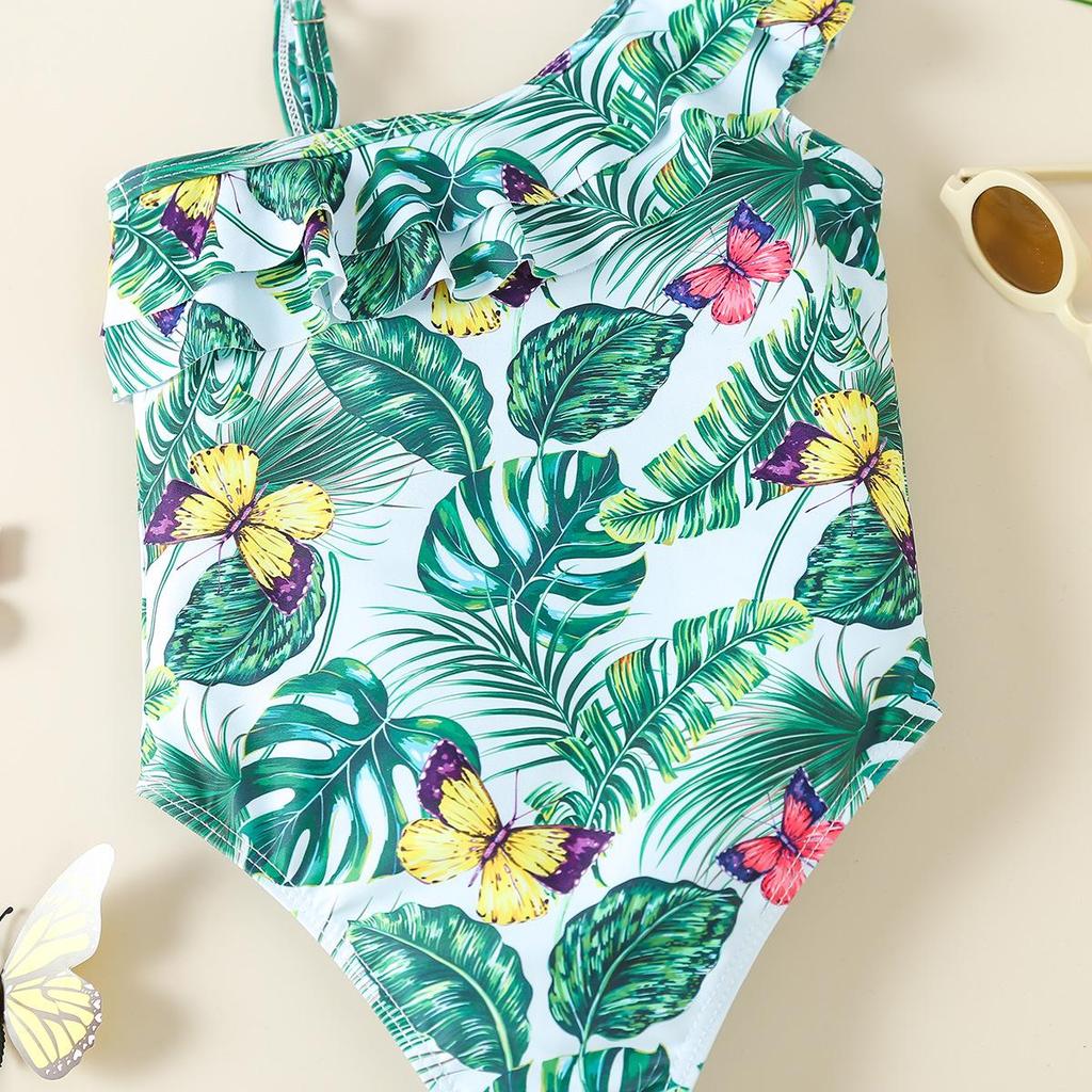 Girls' Floral One-Shoulder Swimsuit - Cute Print Hot Spring Swimwear
