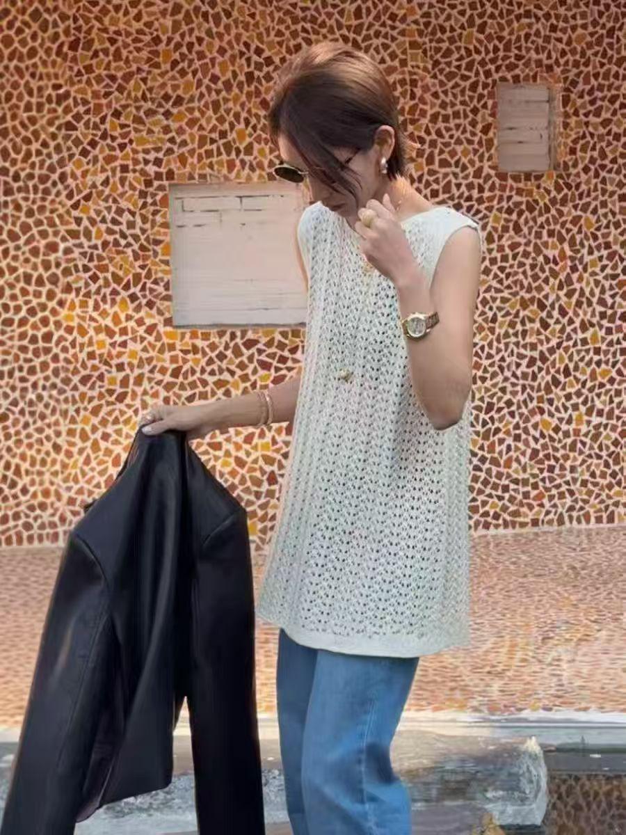 

2026 Summer Korean Style Knit Hollow Camisole Vest Dress One size fits 85-120 jin грязно-белый