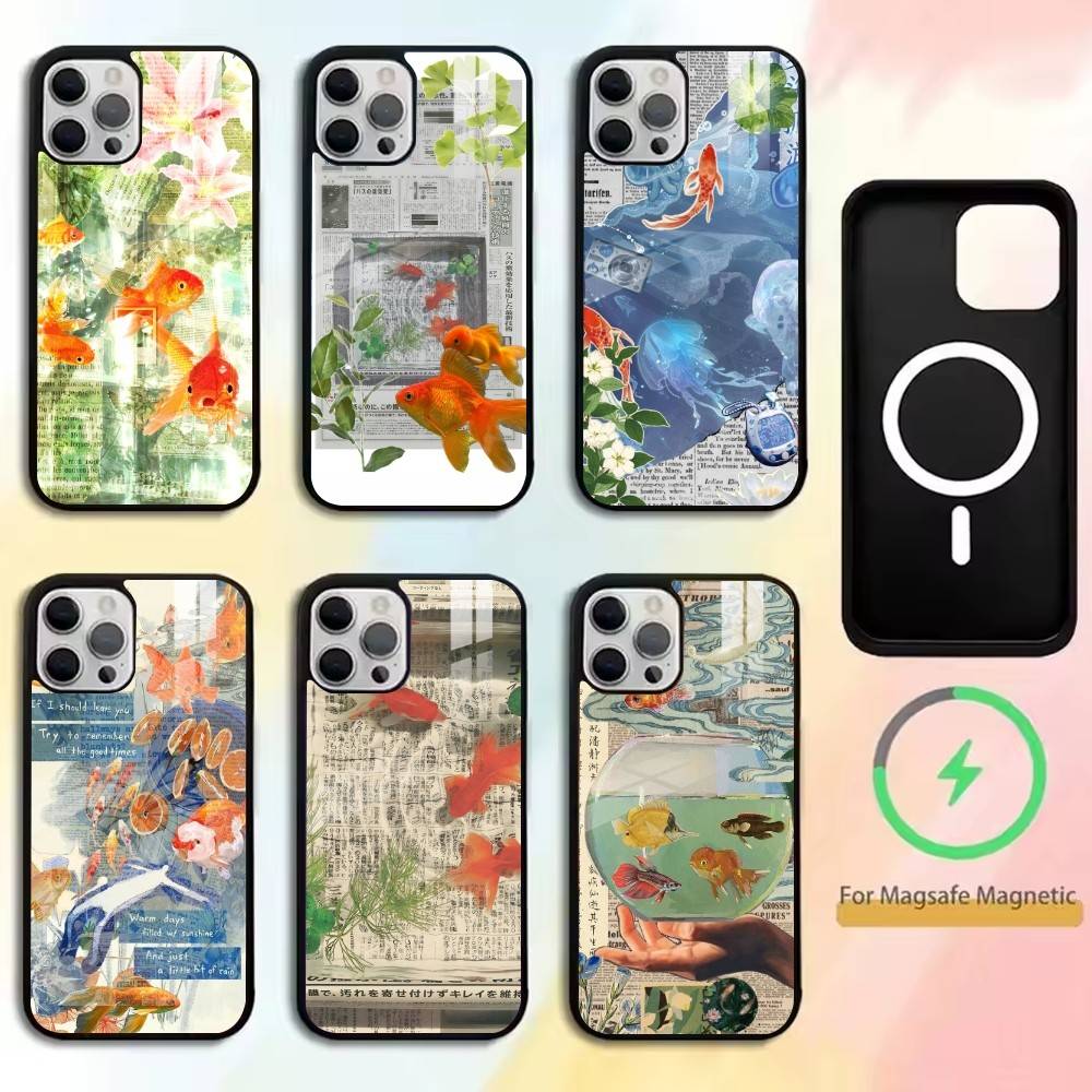 Newspaper Goldfish Phone Case For iPhone17,16,15,14,13,12,11 Plus,Pro Magnetic For Magsafe Wireless Charging
