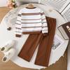 Girls' Outfit Set: Fall/Winter Kids' Casual Striped Long-Sleeve Sweatshirt and Slim-Fit Sweatpants Two-Piece Set