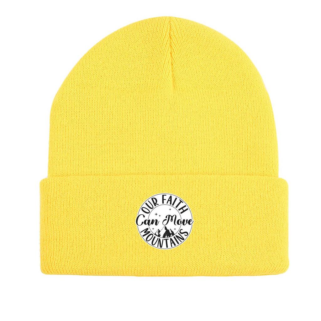 FAITH MOVE MOUNTAINS" Print Knitted Hat Beanie, Text Skullies Beanies Fit Thermal Headwear Pompom Beanies Knit Cap Beanie