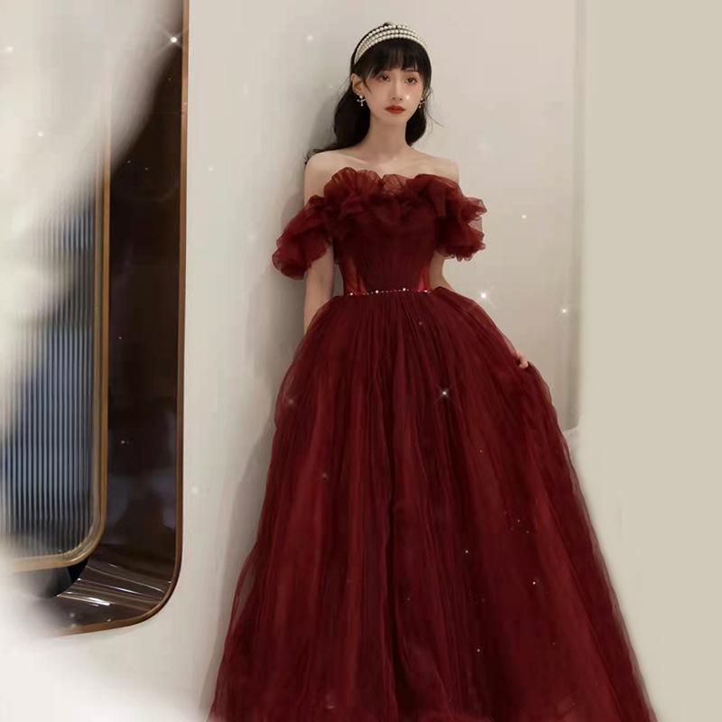 Design Toast Bride 1011 New Summer Red Evening Dress One-word Shoulder Light Luxury Large Size Fat Mm