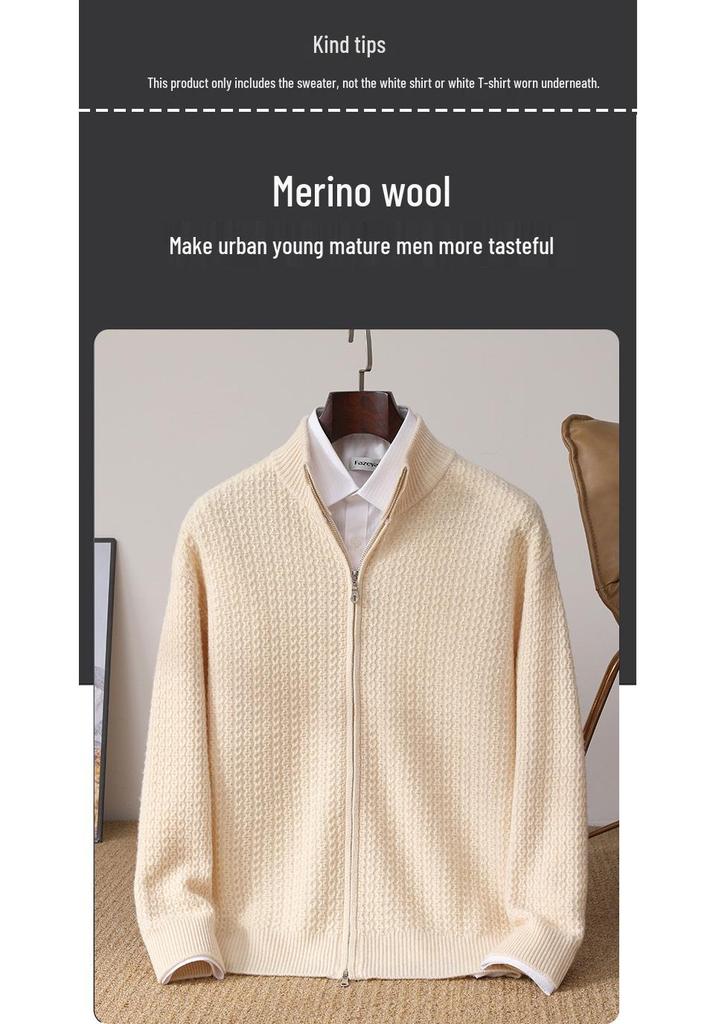 Men's 100% Pure Wool Thickened Half-High Collar Zipper Cardigan Sweater for Autumn/Winter