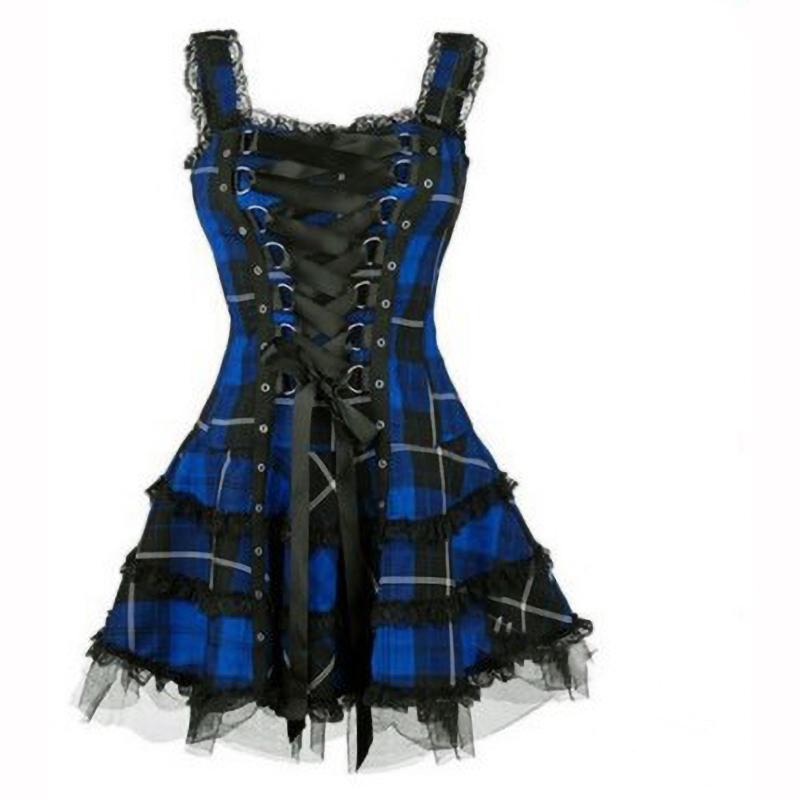 Vestido de Verano a Cuadros para Mujer con Cordones Encaje Sin Mangas Falda Corta