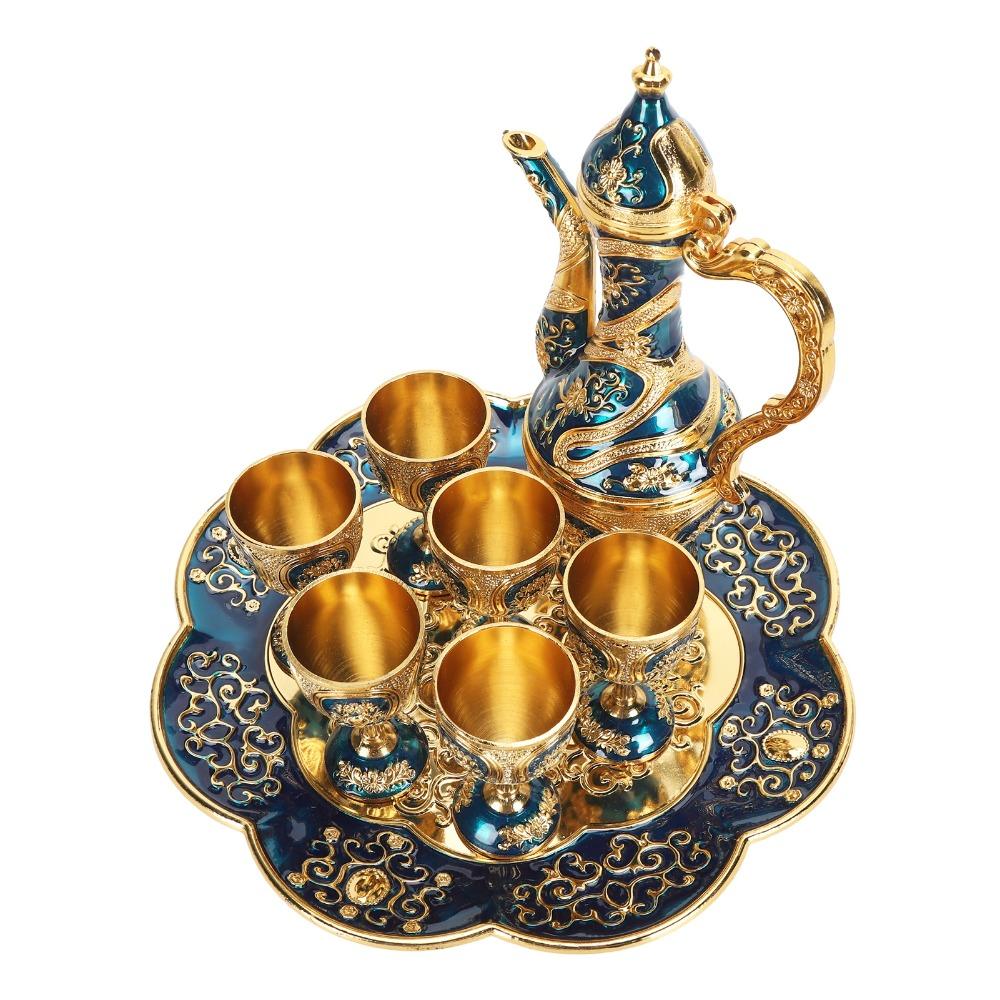8pcs With Tea Tray Turkish Tea Set Gold Blue Tea Pot Cup Set Tea Sets Tea Glass Set  For Party