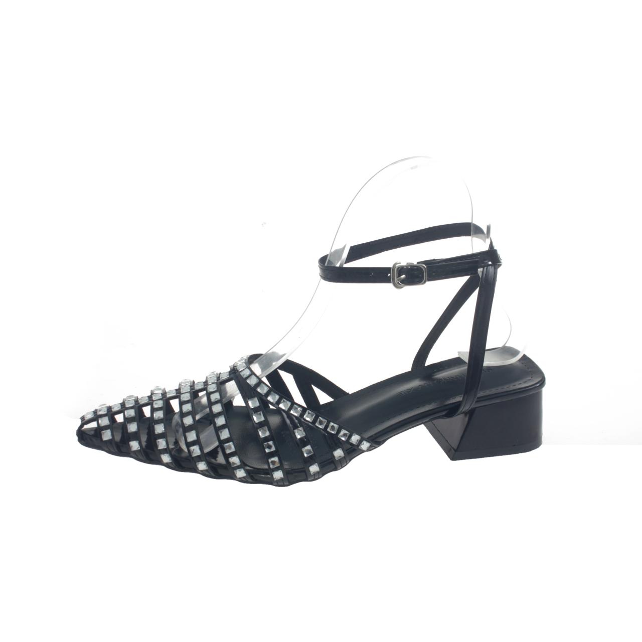 

Fashion Sexy Solid Color Baotou High-heeled Sandals Female 2025 Summer New Fairy Sequins Design Pointed Buckle Strap Thick Heels. 35