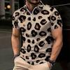 Women Short Sleeve Polo Shirt Light Khaki Dense Brown Leopard Spot Print Half Zip Lapel Top