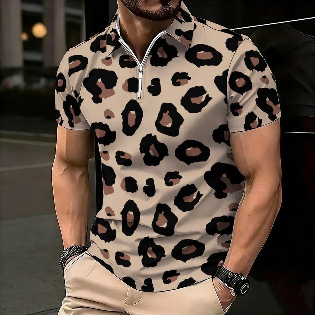 Women Short Sleeve Polo Shirt Light Khaki Dense Brown Leopard Spot Print Half Zip Lapel Top