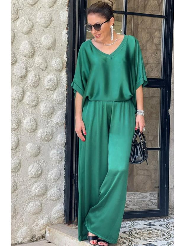 European and American 2024 V-Neck Short-Sleeve Casual Wide-Leg Pants Set