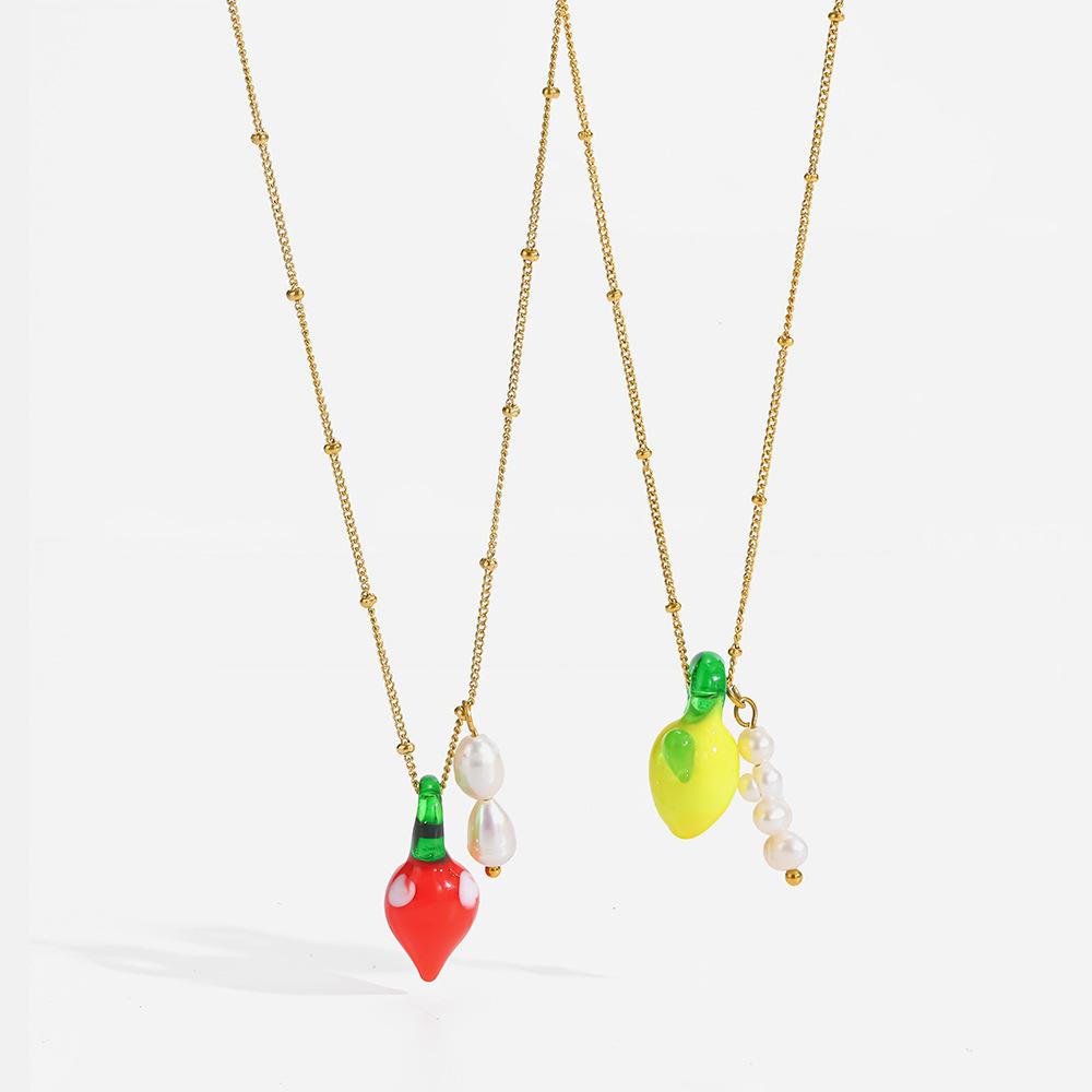 European and American fresh fruit freshwater pearl pendant plated with 18K gold stainless steel necklace light luxury niche accessories women