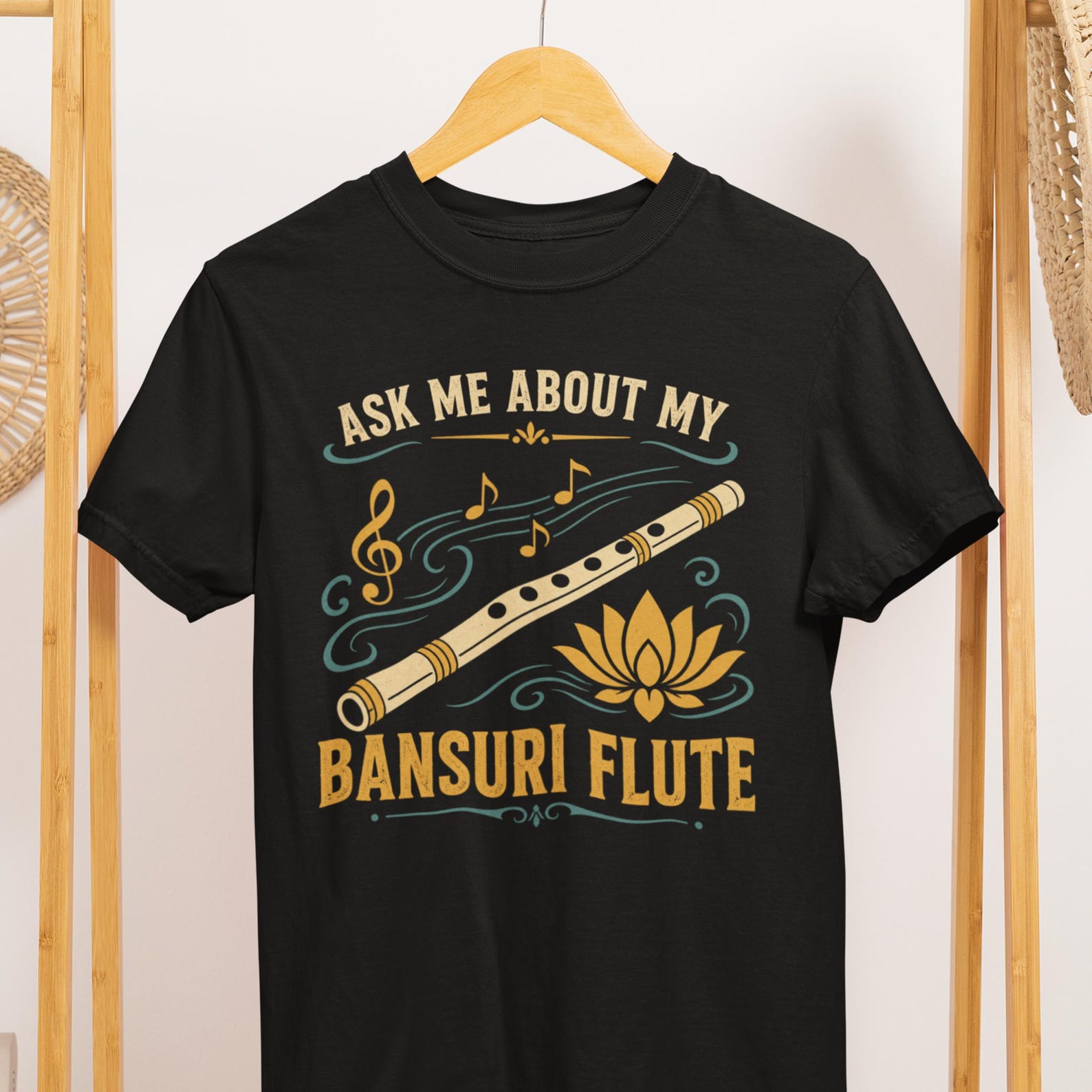 Bansuri Flute T-Shirt, Indian Classical Music Tee, Lotus Design, Flute Player Gift L