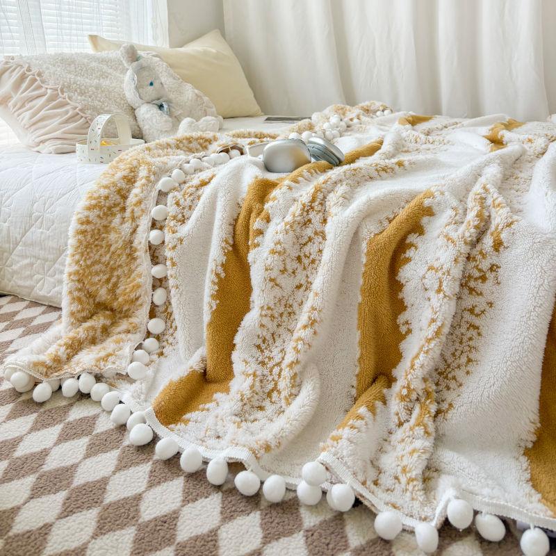 Schattig Minimalistisch Dekentje Onregelmatig Gestreept Patroon met Wolle Bolletjes Slaapdekens Multifunctionele Geblokte Huishoudelijke Producten voor 100x150cm 1pcs