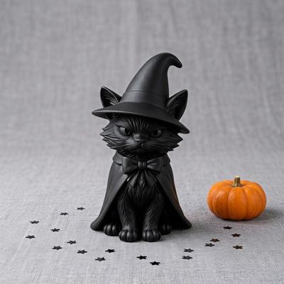 3D Printed Cat Witch Figurine Dark Style Halloween Decorations Cute Cat Statue Home Decor