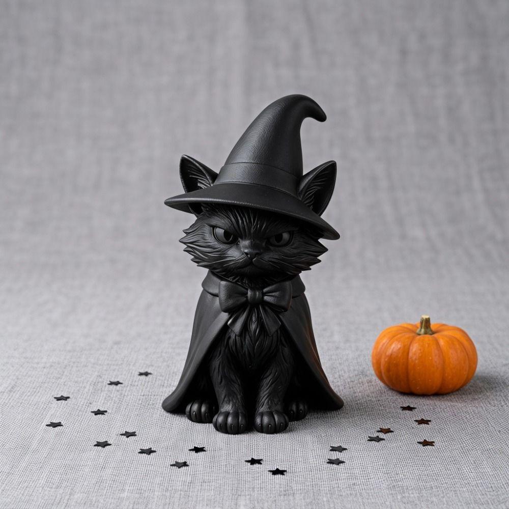 3D Printed Cat Witch Figurine Dark Style Halloween Decorations Cute Cat Statue Home Decor