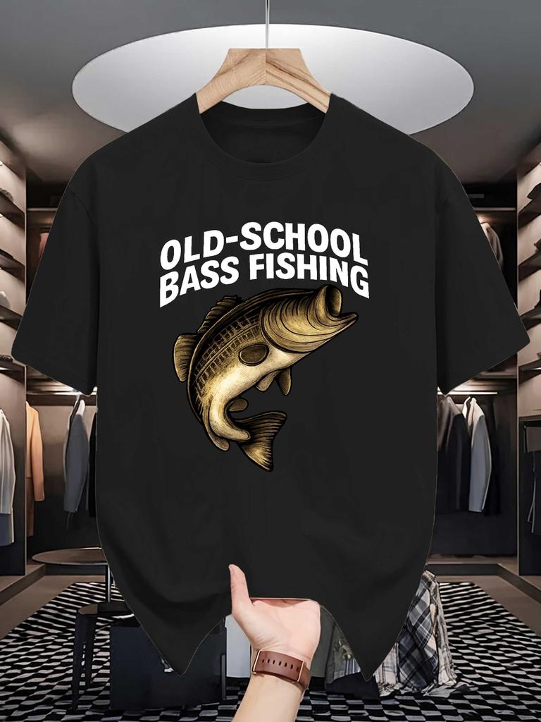 Old School Bass Fishing Print Mens Crew Neck T Shirt Vintage Bass Fish Angling Graphic Short Sleeve Casual Cotton Daily Tops