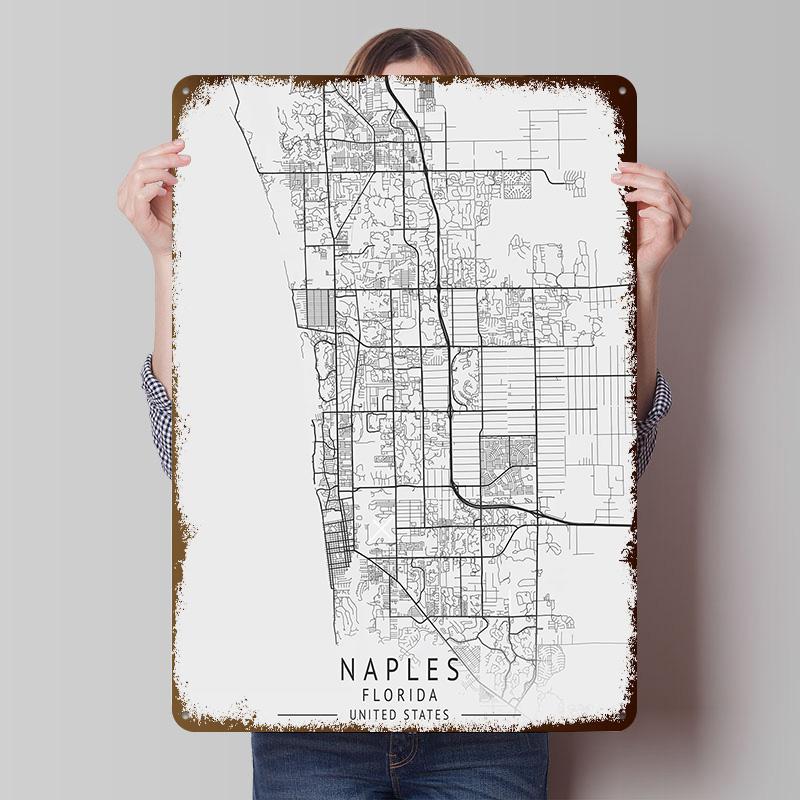 Naples Florida City Map Tinplate Posters Customizable Wall Art Retro Vintage Metal Signs for Home Room Garage Decoration Gaming