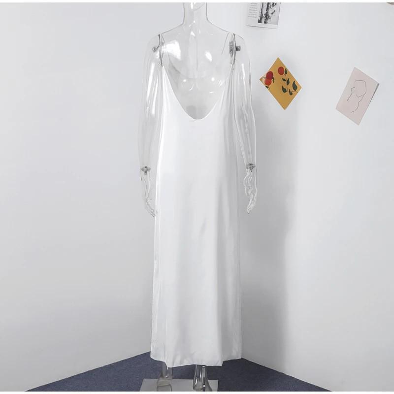 Womens Sleeveless Backless Layered Cami Dress A-Line Long Skirt Pure Color U-Neck Midi To Maxi