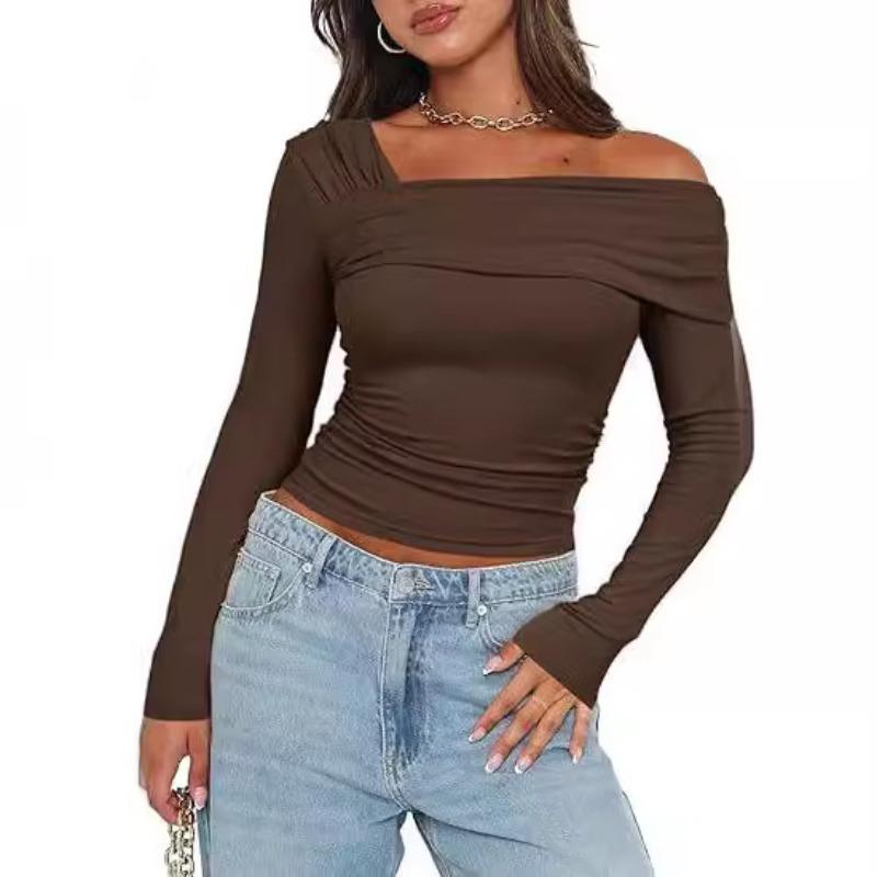Spring Summer Women's T-Shirts Single Shoulder Long Sleeve Top with Ruffles Outing Sexy Slimming Tops Y2K