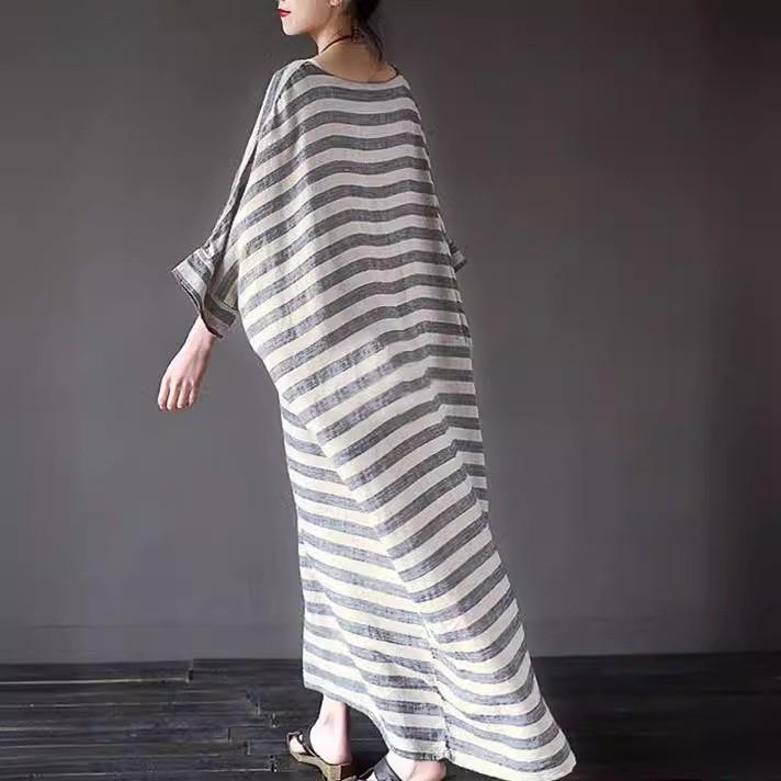 Vintage Linen Cotton Striped Long Dress With Loose Fit For Casual Women