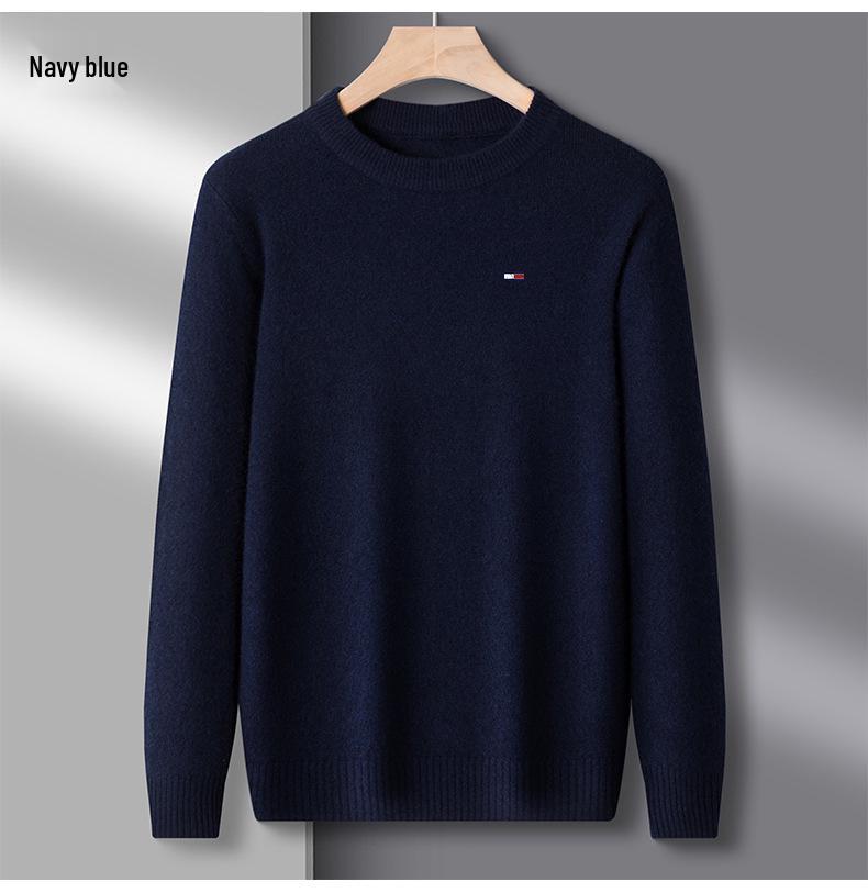 Men's American Tommy Wool Round Neck Thickened Cashmere Sweater - Casual Solid Color Knit Pullover