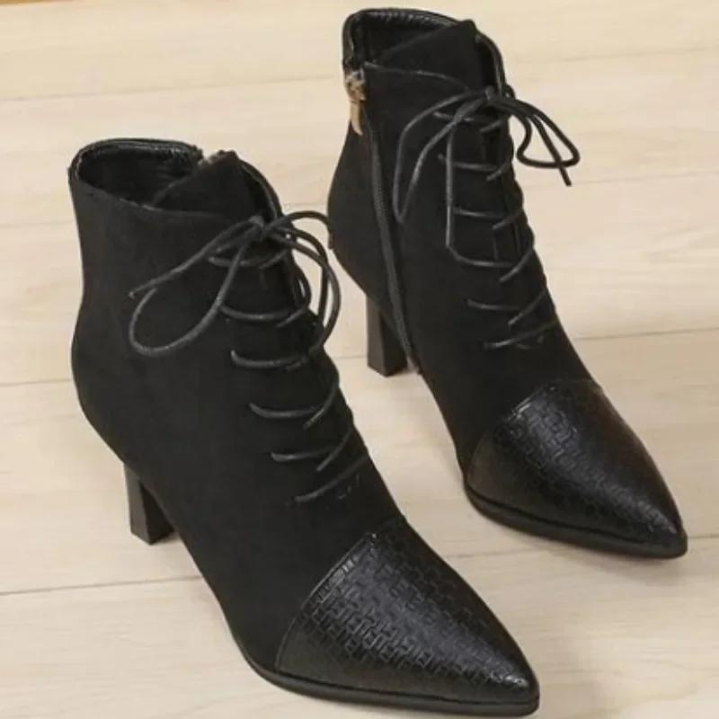 Fashion 2024 Winter Hot Front Lace-up Women's Boots Fashion Side Zipper Office and Career Sexy Pointed Toe High Heels Shoes for Women