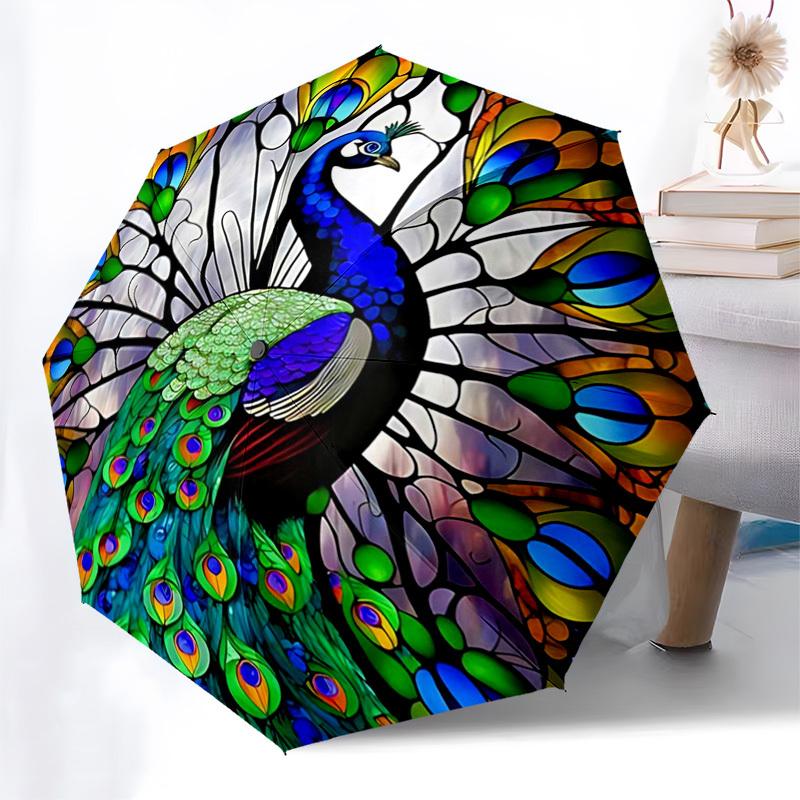 

1pc Stained Glass Peacock Design Automatic Opening Folding Umbrella with 3-Fold Design, 8-Bone Iron Frame, Outdoor, Festive Gift for Fans, Travelers,