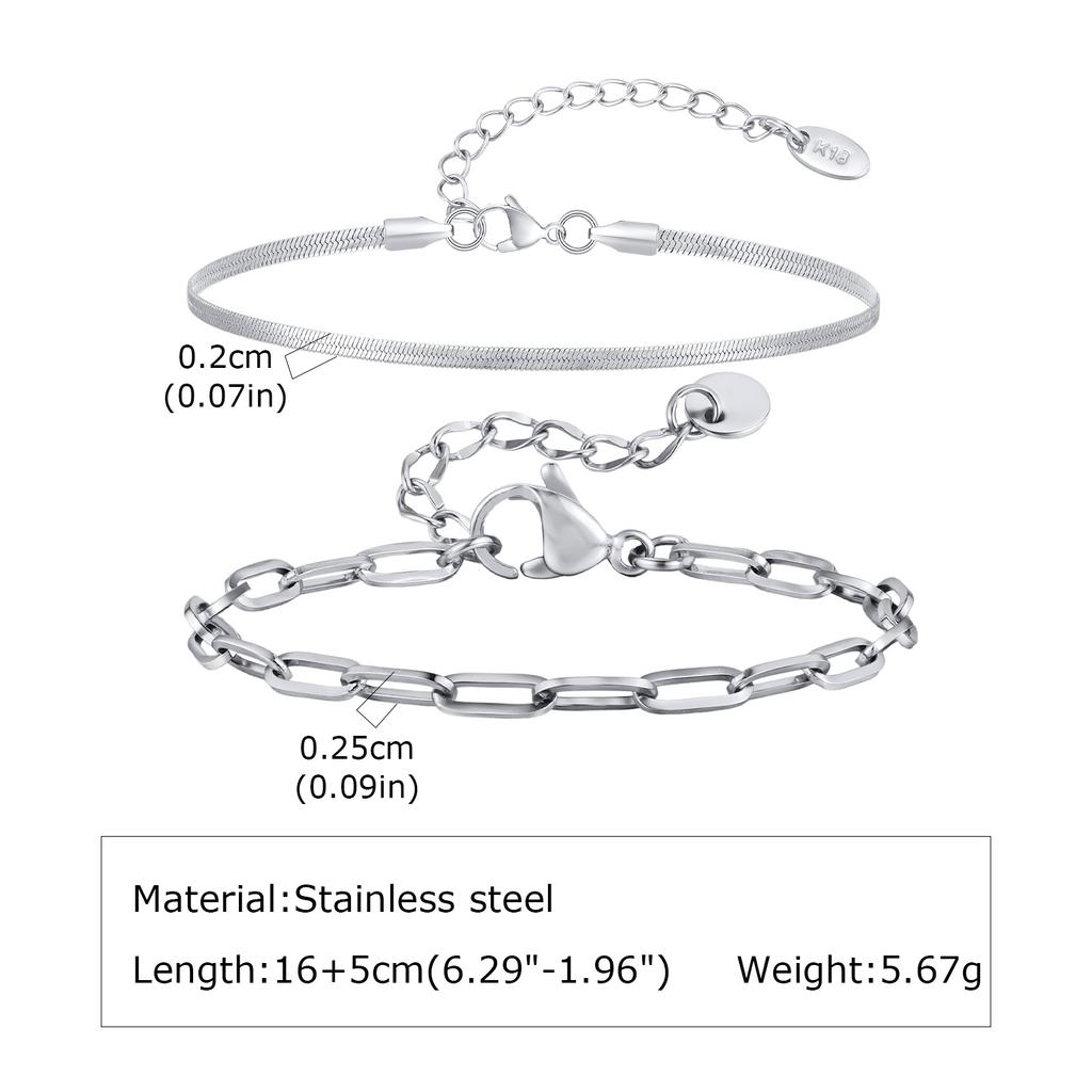 2pcs Men's Flat Chain Bracelet,Silver Color Stainless Steel Adjustable Wristband,Minimalist Unisex Jewelry Gift