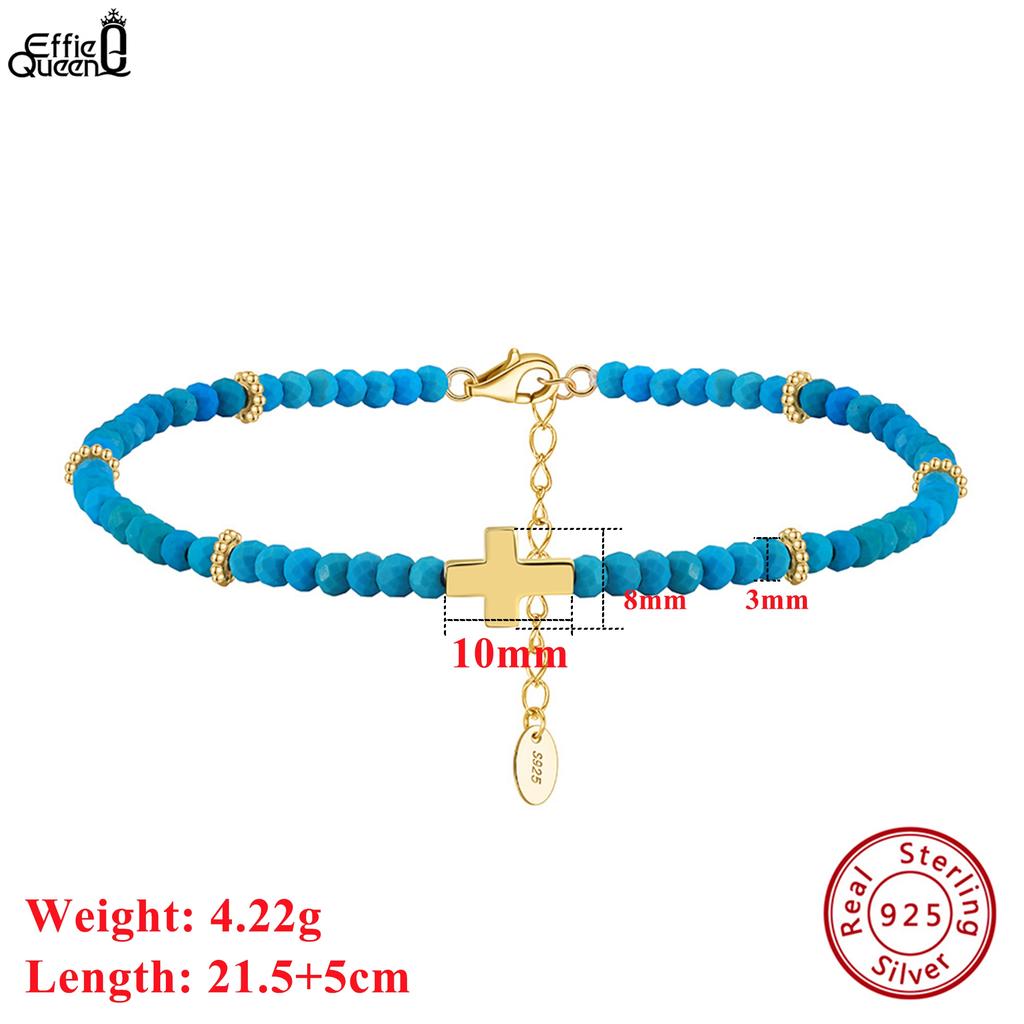 Effie Queen Refined 925 Sterling Silver Cross Anklet Natural Turquoise Strand Chain Perfectly Crafted Jewelry for Religion SA86