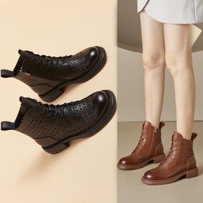 3233 kleine Größe Retro Leder leere Martin Stiefel für Damen, dicksohlige Schnürloch Damenstiefel, Reißverschluss Damenschuhe
