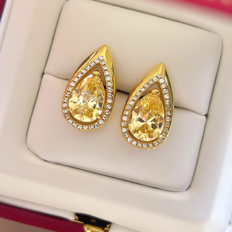 Yellow Teardrop Halo Stud Earrings for Women Sparkly Pear Cut Earrings Elegant Wedding Party Jewelry