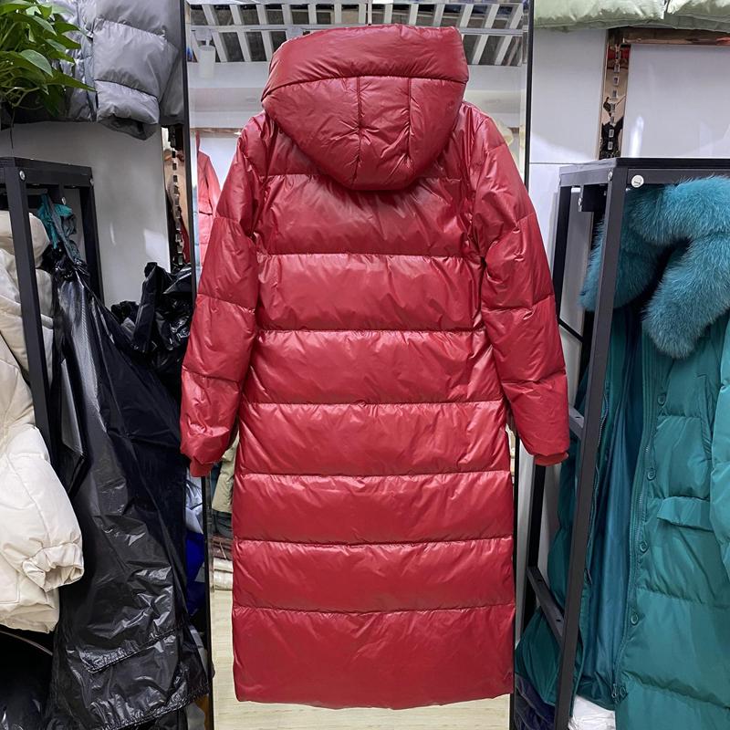 Women Loose Fit Long Hooded Padded Jacket Winter Coat White Duck Down Stand Collar Zipper Pocket Solid Color All Match